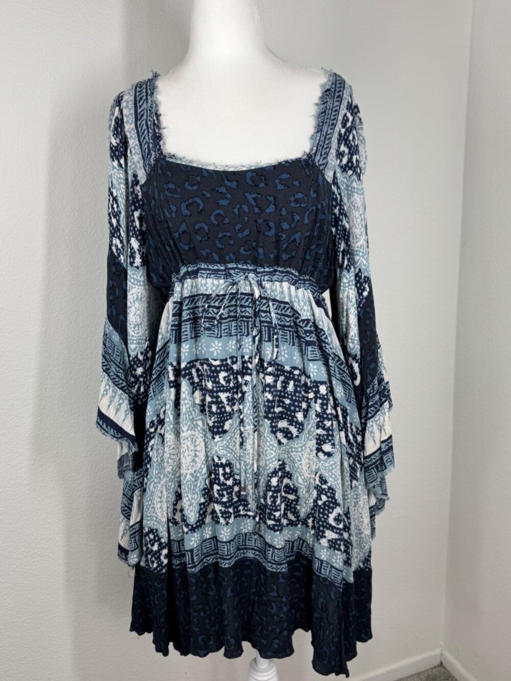 Free People Dress Kaftan Sleeve Mini Blue Boho Ruffle Sz S Square Neck Peasant - Picture 2 of 10